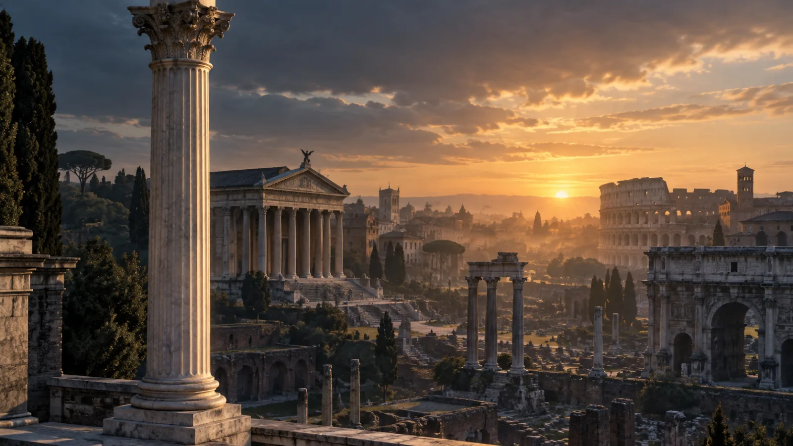 Gün doğumunda Roma mimarisi ve anıtsal sütun